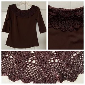 EUC LP Crochet Collar Knit Top, Brown